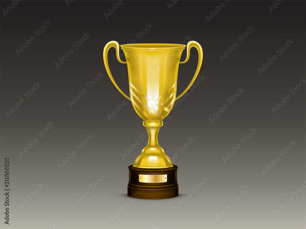Vector 3d realistic cup, golden trophy for winner of competition, championship. Shiny gold metal goblet with name plate on dark stand. Reward, prize isolated on gray background. Achievement design Vector 3d realistic cup, golden trophy for winner of competition, championship. Shiny gold metal goblet with name plate on dark stand. Reward, prize isolated on gray background. Achievement design