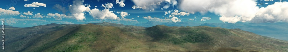 Panorama of the hills under the sky with clouds. Hills and sky.
3D rendering
