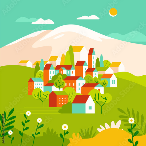 Vector illustration in simple minimal geometric flat style - landscape with buildings, hills and trees