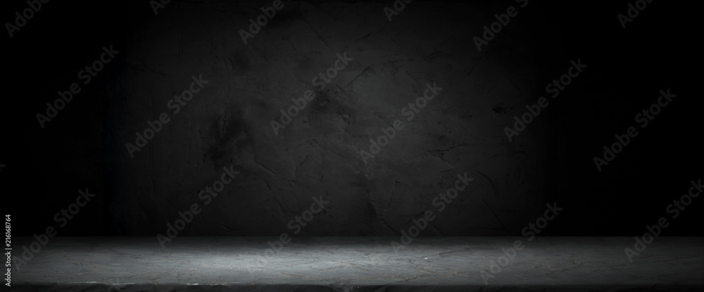 Dark room with tile floor and brick wall background - obrazy, fototapety, plakaty 