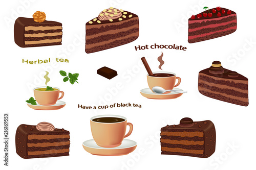 Black coffee americano, tea, hot chocolate and pieces chocolate cake with chocolate cream and nuts isolated on white background. Cakes sliced. A cup of coffee and chocolate cake. Vector 