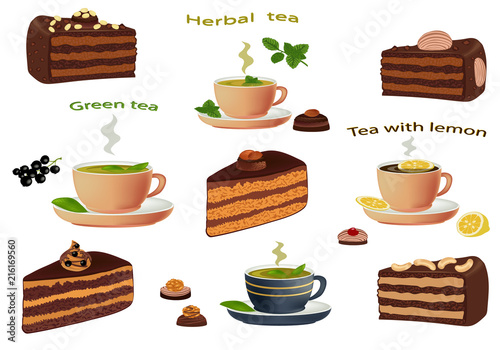 Black tea, herbal tea, green tea and pieces chocolate cake with chocolate cream and nuts isolated on white background. Cakes sliced. A cup of tea and chocolate cake. Vector illustration.