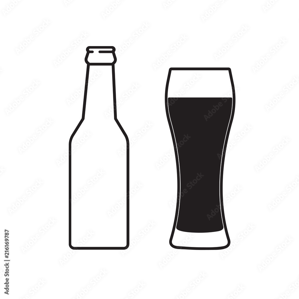 Glass of beer and bottle. Symbol Template Logo. Isolated vector illustration on white background. Glass of beer and bottle. Symbol Template Logo. Isolated vector illustration on white background.
