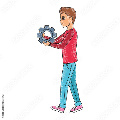 Man hoding gear cartoon vector illustration graphic design