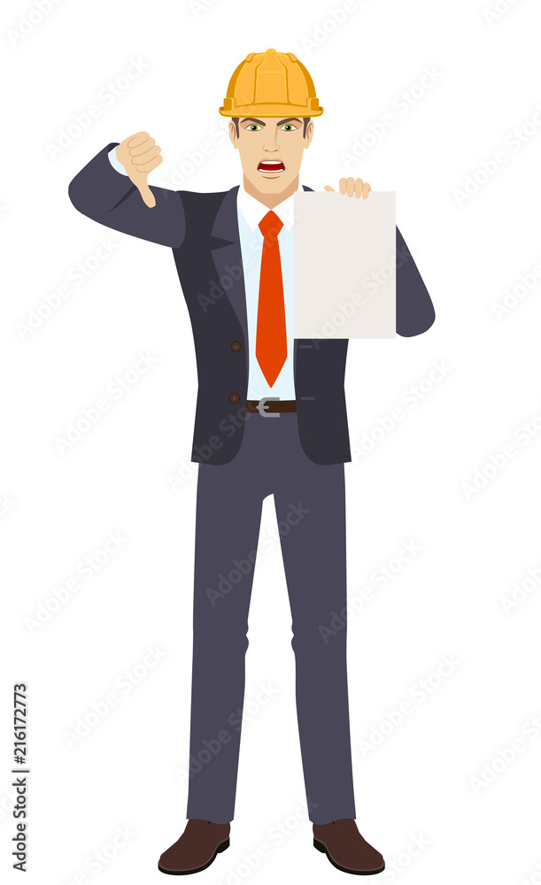 Businessman in construction helmet showing the blank paper and showing thumb down. Gesture as rejection symbol down.