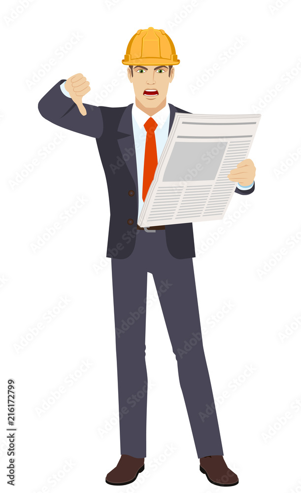 Businessman in construction helmet with newspape showing thumb down Businessman in construction helmet with newspape showing thumb down