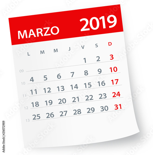 March 2019 Calendar Leaf - Vector Illustration. Spanish version