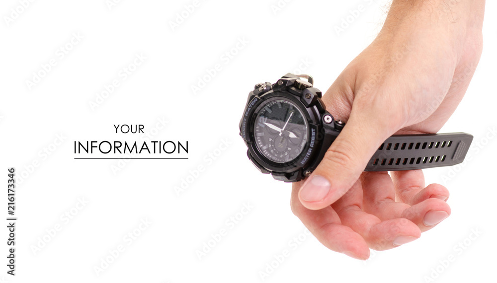 Sports man's watch in hand pattern on a white background isolation Sports man's watch in hand pattern on a white background isolation