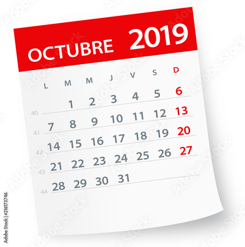 October 2019 Calendar Leaf - Vector Illustration. Spanish version