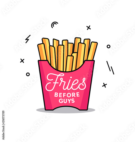 Fries before guys feminine inspirational lettering inscription isolated on blush pink background. Motivational card for friends and sisters with hand drawn calligraphy for party invitation, greeting c