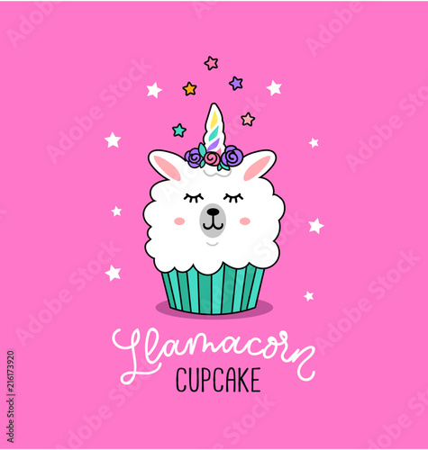 Llama cupcake cute illustration with unicorn llama and stars.