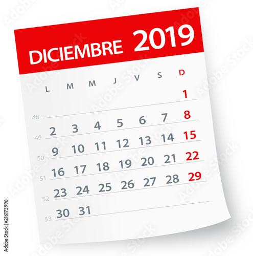 December 2019 Calendar Leaf - Vector Illustration. Spanish version