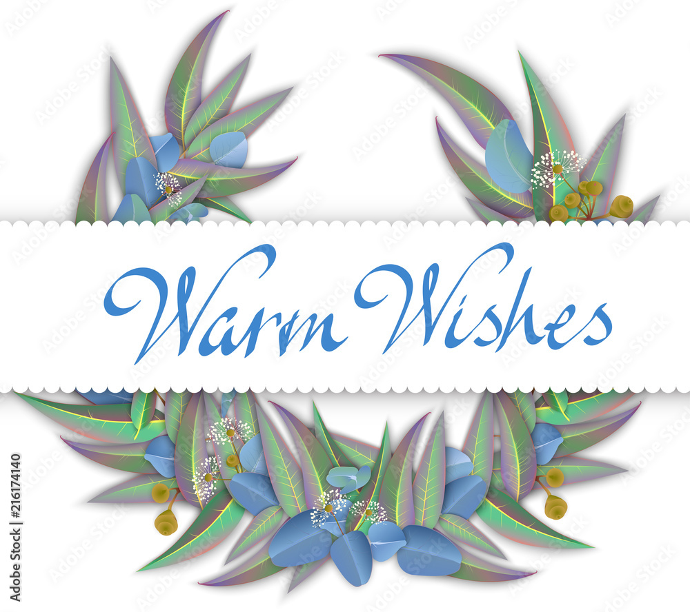 White warm wishes card with eucalyptus leaves and blossom.