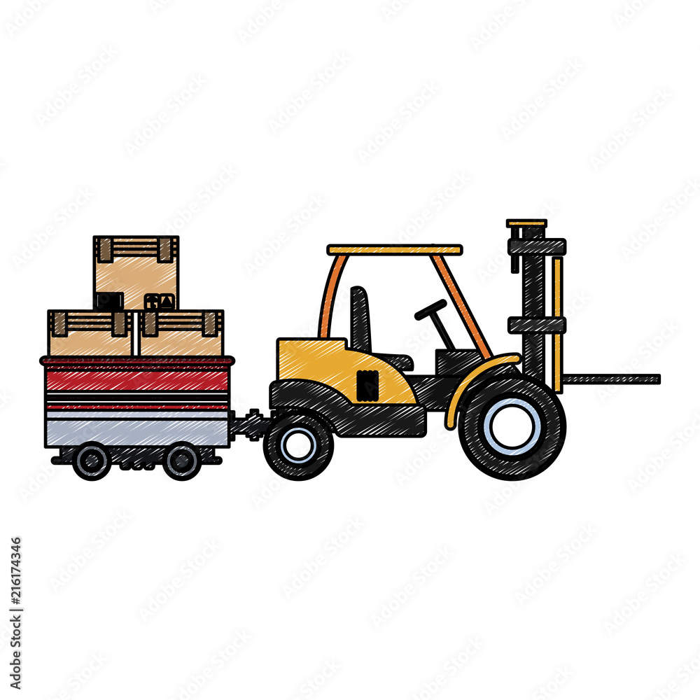 Fototapeta premium Forklift carrying cart with boxes vector illustration graphic design