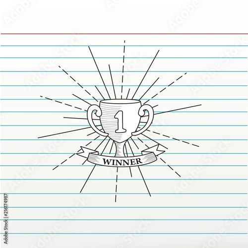 tropy victory with sunburst on paperlined background.