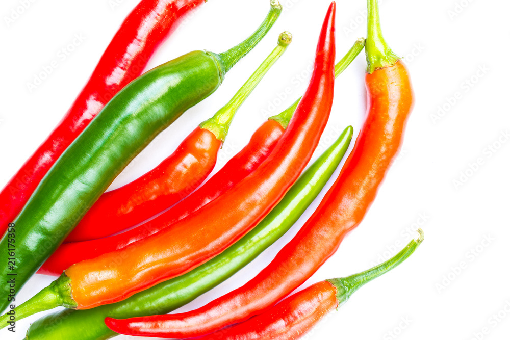 Red and Green Chili Peppers Isolated on White Background