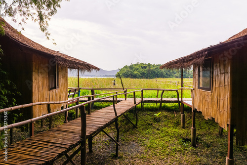 Bamboo hut and bamboo bridge with the glass green field and mountain background