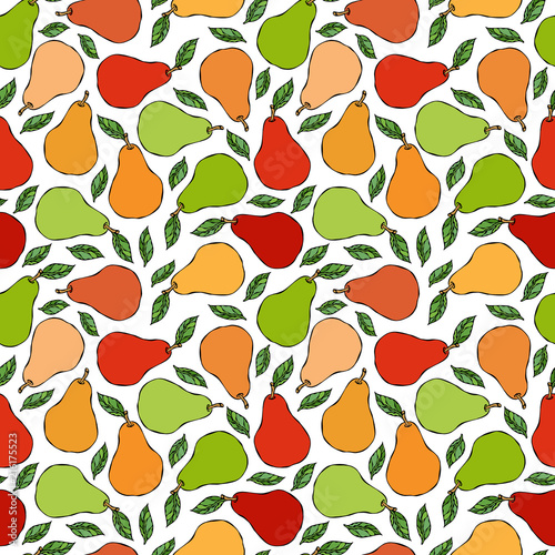 Green, Red, Yellow Pear Seamless Endless Pattern. Red Pear Fruit. Home Brew. Autumn or Fall Vegetable Harvest Collection. Realistic Hand Drawn High Quality Vector Illustration. Doodle Style.