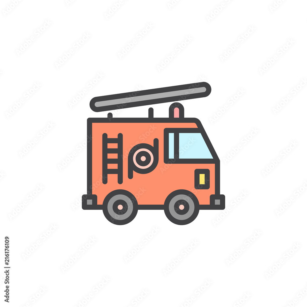 Fire truck filled outline icon, line vector sign, linear colorful pictogram isolated on white. Firefighter symbol, logo illustration. Pixel perfect vector graphics