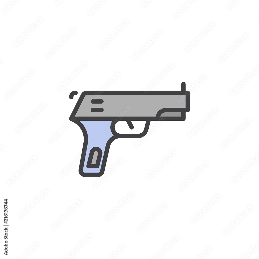 Gun pistol filled outline icon, line vector sign, linear colorful pictogram isolated on white. Hand Gun Weapon symbol, logo illustration. Pixel perfect vector graphics