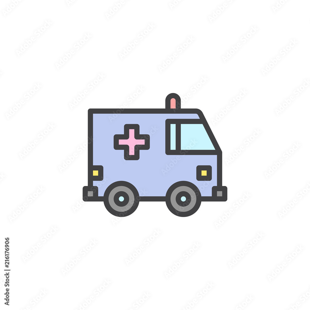 Ambulance emergency vehicle filled outline icon, line vector sign, linear colorful pictogram isolated on white. First Aid Car Symbol, logo illustration. Pixel perfect vector graphics