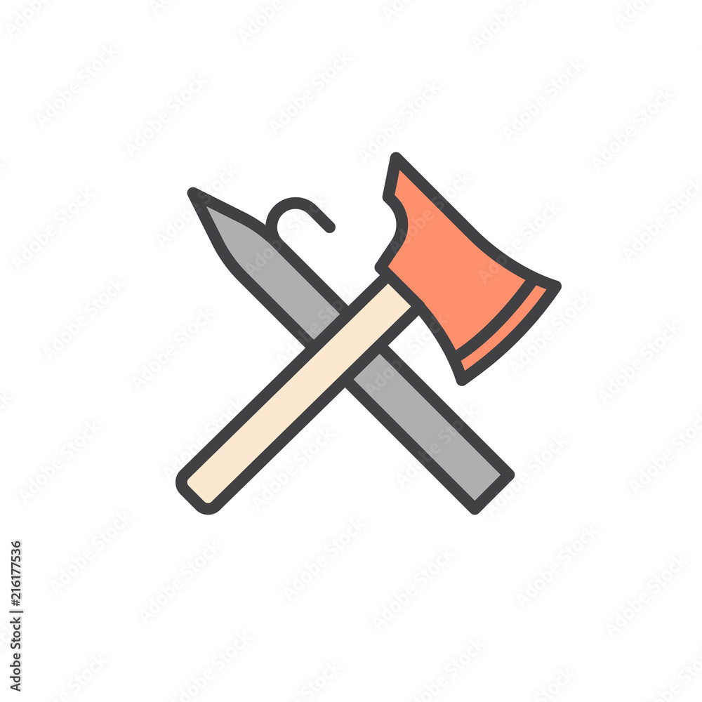 Fireman tools filled outline icon, line vector sign, linear colorful pictogram isolated on white. Firefighter equipment symbol, logo illustration. Pixel perfect vector graphics