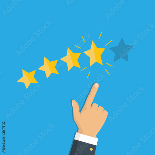 Human hands put gold rating star. Rank. Five stars. Vector. Rating selection finger.