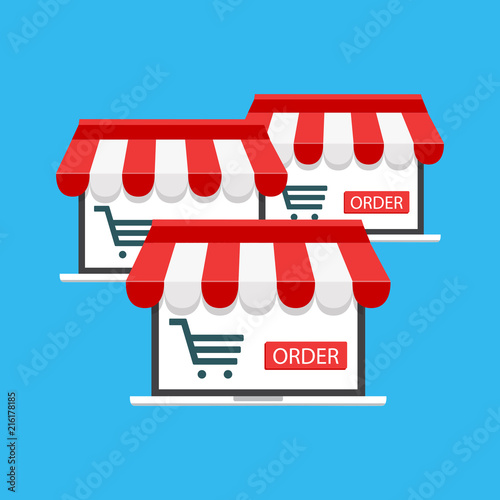Order olline. Vector illustration. Online store concept. Sale  laptop with awning.