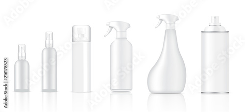 Mock up Realistic Glass or Plastic Spray Packaging Product For Glass Cleaner or Toiletries Bottle Set isolated on White Background.