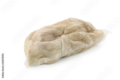 pig stomach in vacuum package on white background