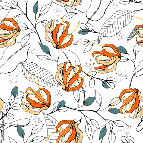 Vintage background. Wallpaper. Blooming realistic isolated flowers. Hand drawn. Vector illustration.Blossom floral seamless pattern.