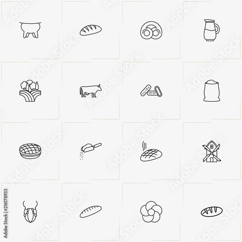 Bread & Milk line icon set with cow, udder and bread roll