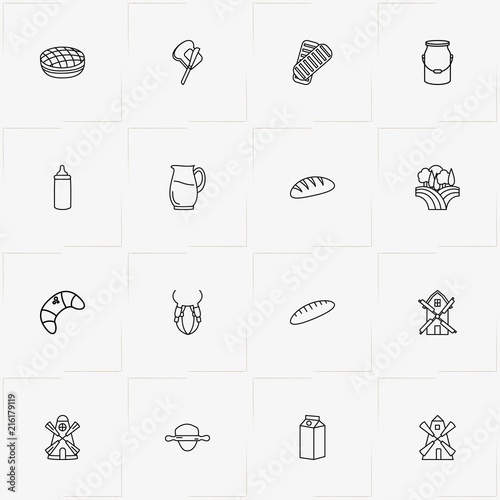 Bread & Milk line icon set with jug, roll out dough  and mill