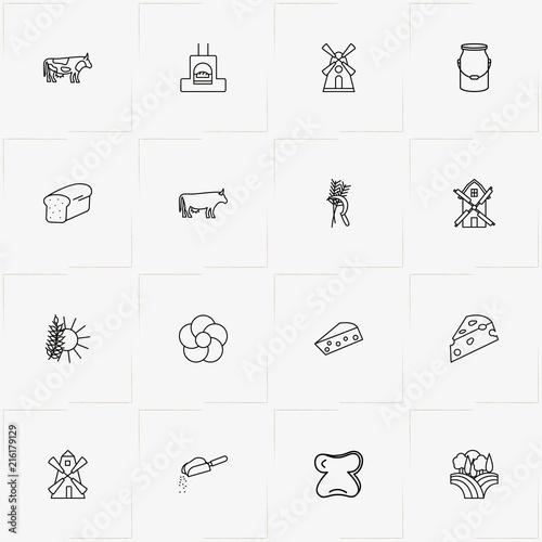 Bread & Milk line icon set with spica, bread slice and flour