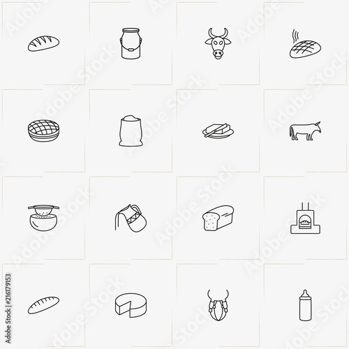Bread & Milk line icon set with sift flour, cow and flour bag