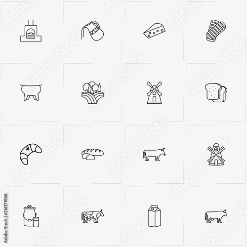 Bread & Milk line icon set with bread oven , cow and jug