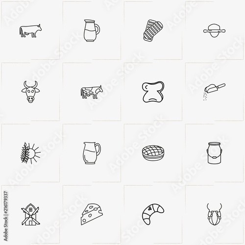 Bread & Milk line icon set with bread slice, milk can  and udder