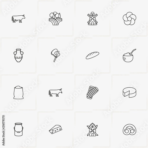 Bread & Milk line icon set with bun, cottage cheese and bread roll