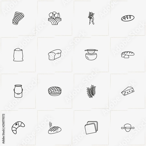 Bread & Milk line icon set with milk can , cheese and flour bag