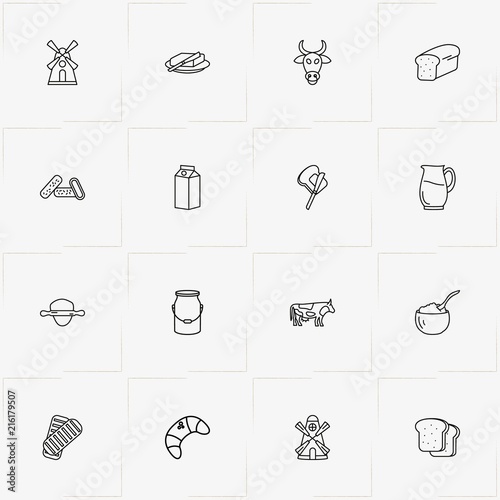 Bread & Milk line icon set with milk can , bread and mill