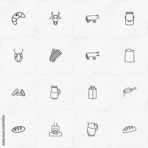 Bread & Milk line icon set with bread roll , milk can  and cow
