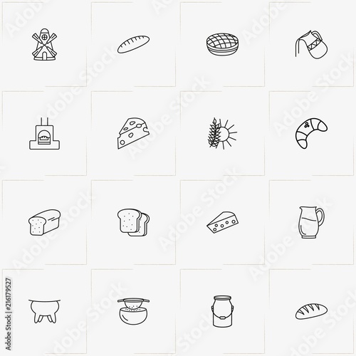 Bread & Milk line icon set with cheese, bread and bread oven