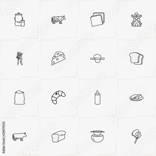 Bread & Milk line icon set with mill, butter and milk can
