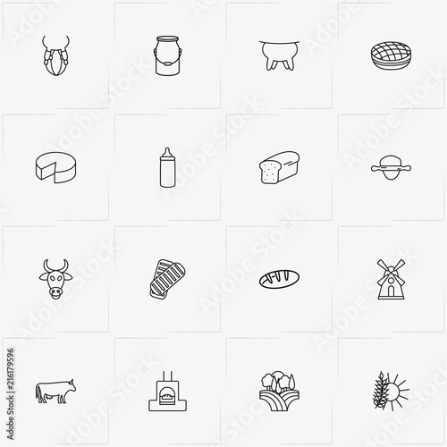 Bread & Milk line icon set with bun, mill and bread