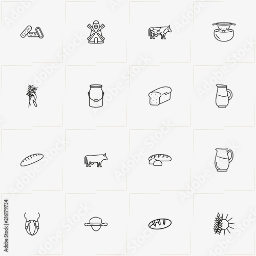 Bread & Milk line icon set with sift flour, jug and spica