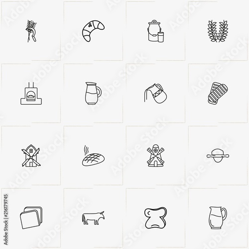 Bread & Milk line icon set with bun, jug and bread slice