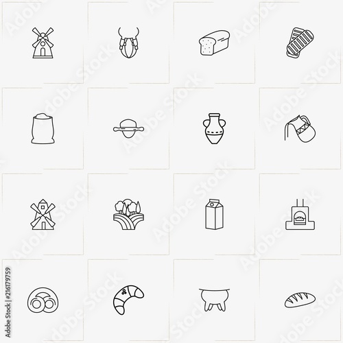 Bread & Milk line icon set with roll out dough , milk and udder