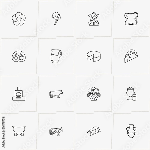 Bread & Milk line icon set with mill, cheese and bread slice