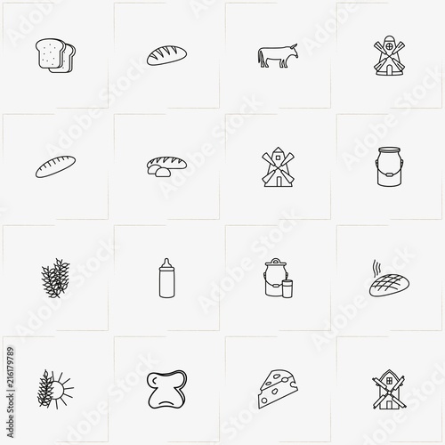 Bread & Milk line icon set with bread slice, spica and mill