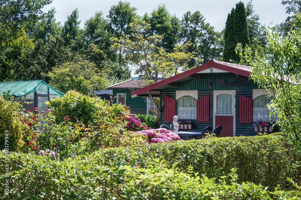 Garden shed and green house surrounded by a beautiful decorative garden Garden shed and green house surrounded by a beautiful decorative garden